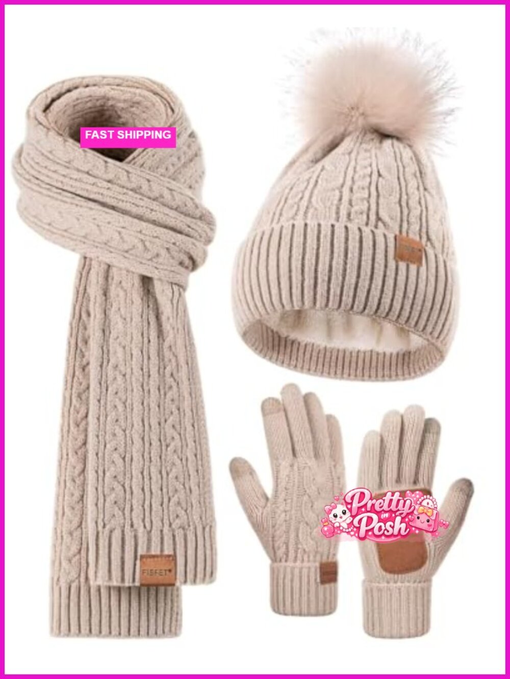 Alpaca Wool Beanie Scarf Touchscreen Gloves 3-Piece Winter Set Women